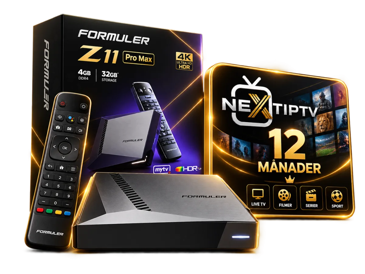 Formuler Z11 Pro Max med fjärrkontroll och IPTV Next-förpackningen för 12 månader