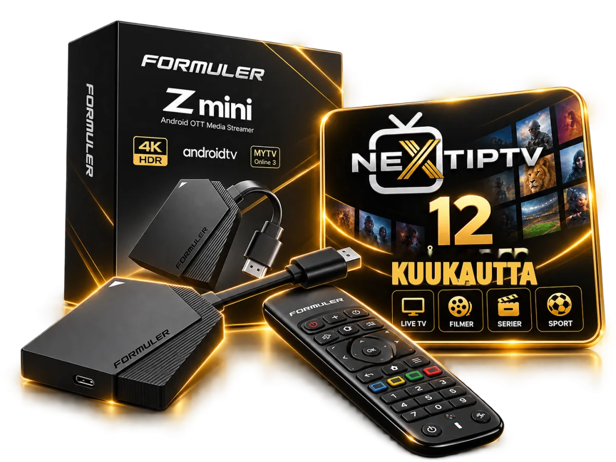 Formuler Z Mini, kaukosäädin ja IPTV Next -pakkaus 12 kuukaudeksi