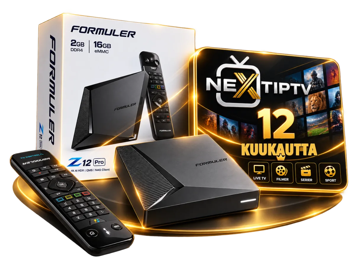 Formuler Z12 Pro, kaukosäädin ja IPTV Next -pakkaus 12 kuukaudeksi