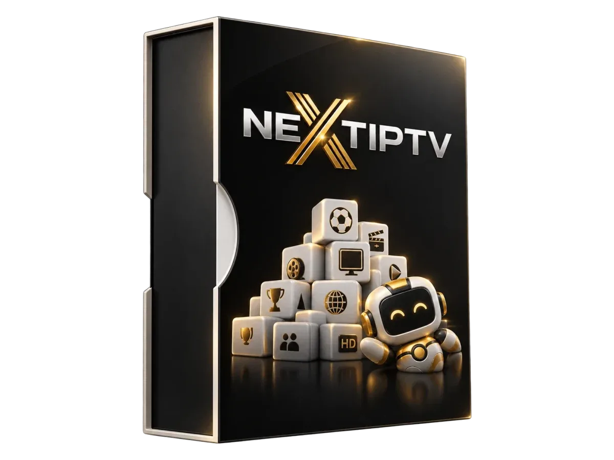 IPTV Next TV-abonnemang: svart förpackning med IPTV Next-logga och ikoner för sport, film och tv