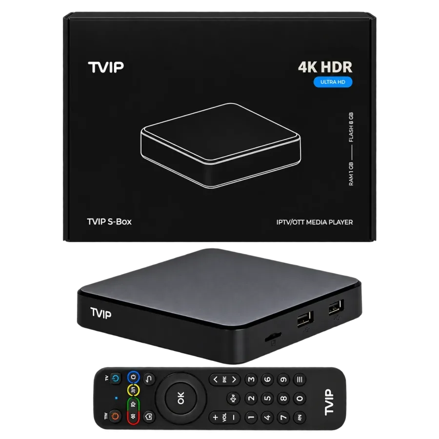 TViP S.705 4K HDR IPTV-box med fjärrkontroll och förpackning